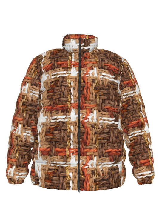 072 NISHIKIx Tweed Print Unisex Stand Collar Slim Down Jacket - Warm Sepia