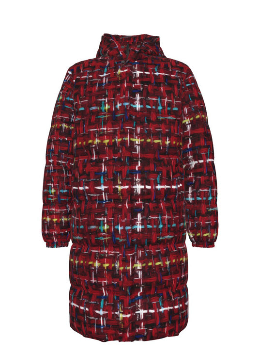 009 NISHIKIx Tweed Print Unisex Long Down Jacket - Crimson