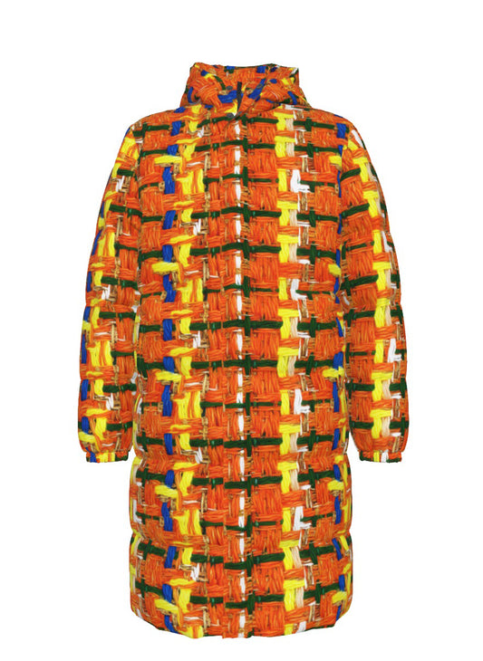 046 NISHIKIx Tweed Print Unisex Long Down Jacket - Fluorescent Orange