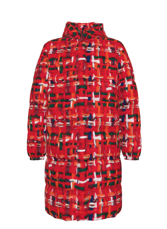 047 NISHIKIx Tweed Print Unisex Long Down Jacket - Fluorescent Red