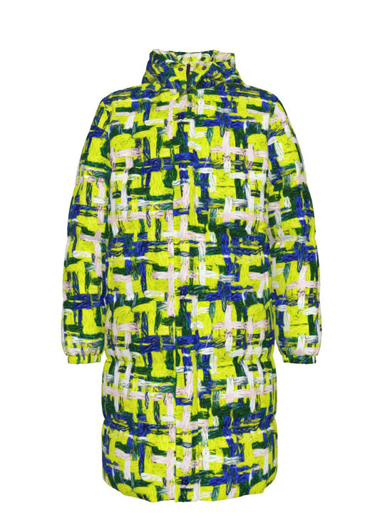 045 NISHIKIx Tweed Print Unisex Long Down Jacket - Fluorescent Yellow