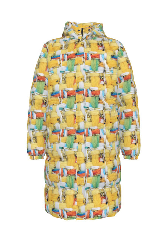 002 NISHIKIx Tweed Print Unisex Long Down Jacket - Lemon Yellow