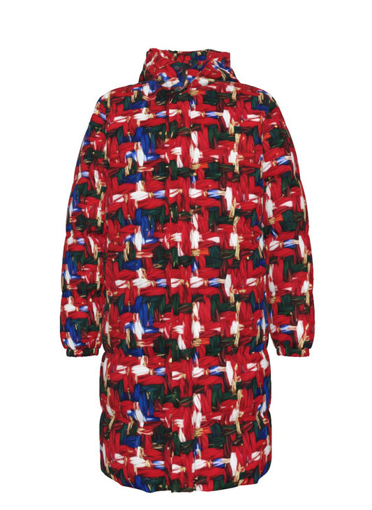 008 NISHIKIx Tweed Print Unisex Long Down Jacket - Red
