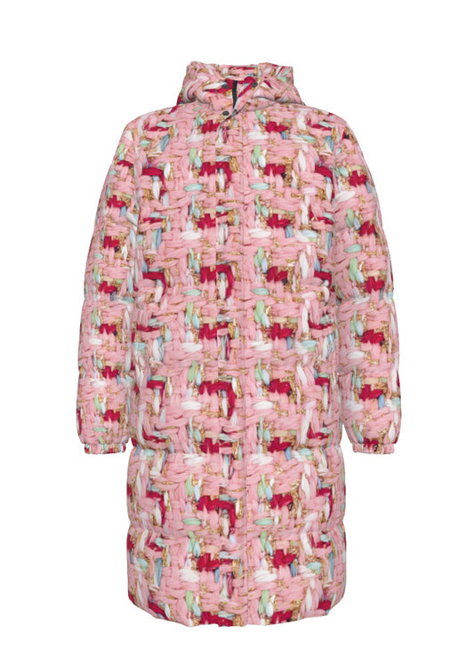 010 NISHIKIx Tweed Print Unisex Long Down Jacket - Rose Pink
