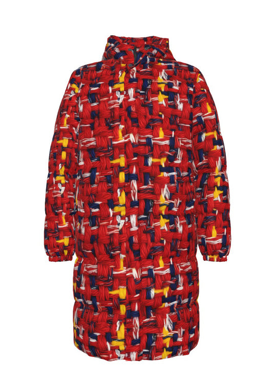 007 NISHIKIx Tweed Print Unisex Long Down Jacket - Scarlet