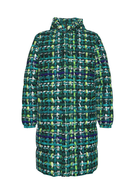 019 NISHIKIx Tweed Print Unisex Long Down Jacket - Turquoise Green