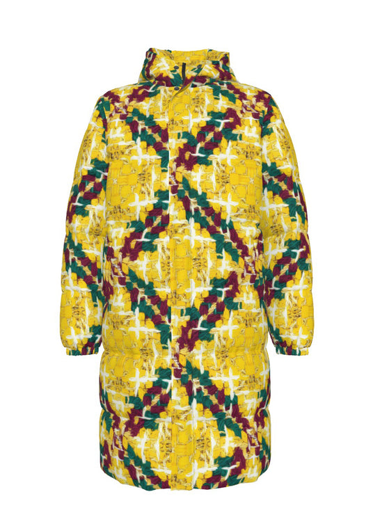 003 NISHIKIx Tweed Print Unisex Long Down Jacket - Yellow