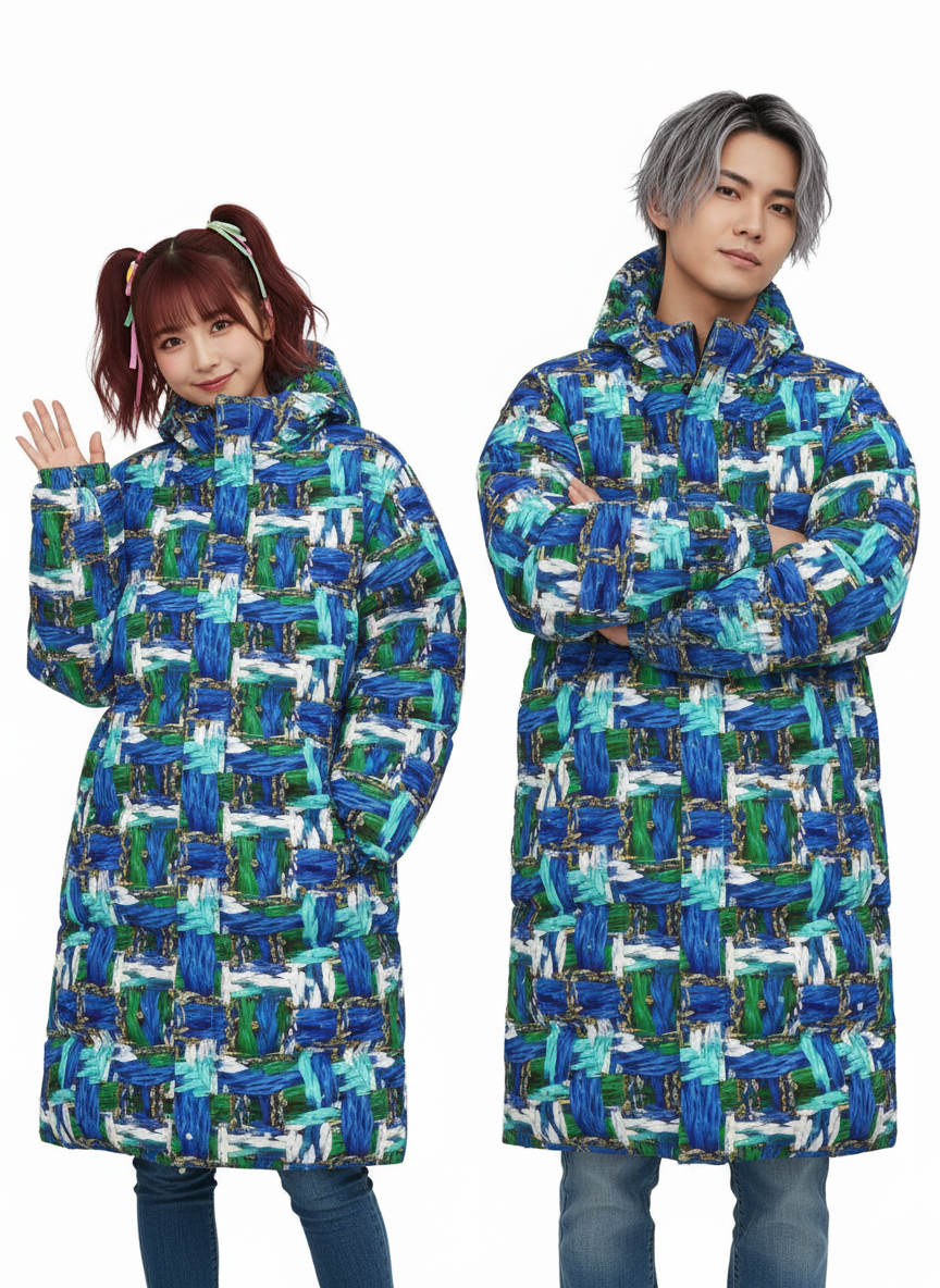 Tweed Print Unisex Long Down Jacket