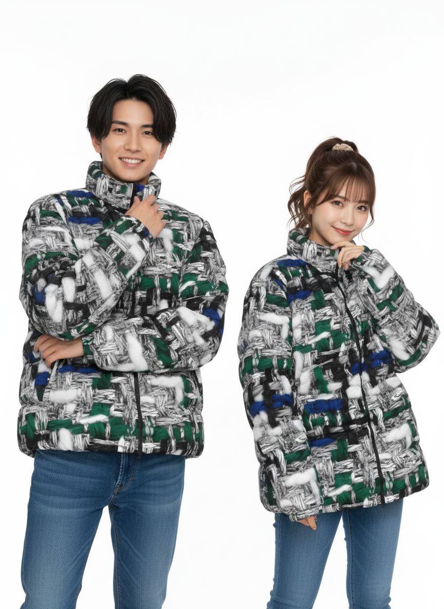 Tweed Print Unisex Stand Collar Slim Down Jacket