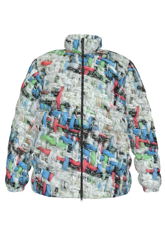 001 NISHIKIx Tweed Print Unisex Stand Collar Slim Down Jacket - White