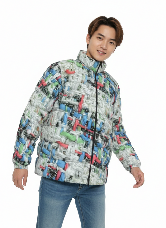 001 NISHIKIx Tweed Print Unisex Stand Collar Slim Down Jacket - White
