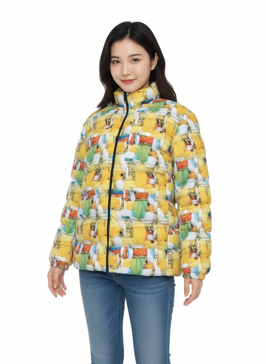 002 NISHIKIx Tweed Print Unisex Stand Collar Slim Down Jacket - Lemon Yellow