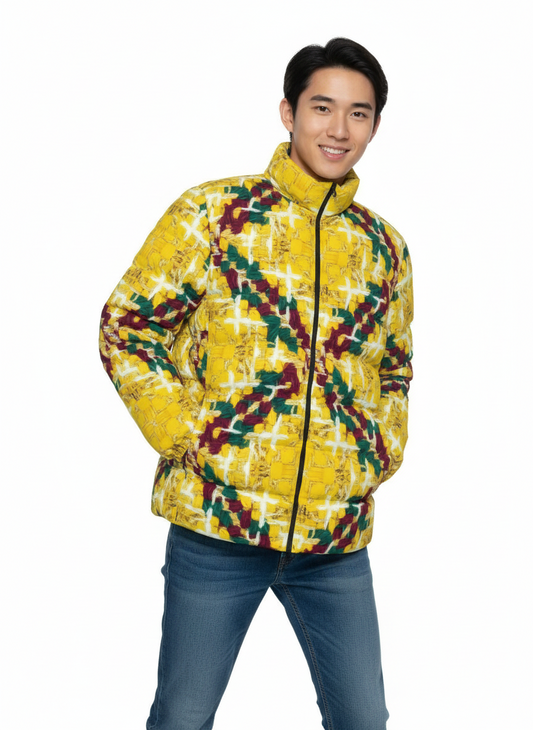003 NISHIKIx Tweed Print Unisex Stand Collar Slim Down Jacket - Yellow