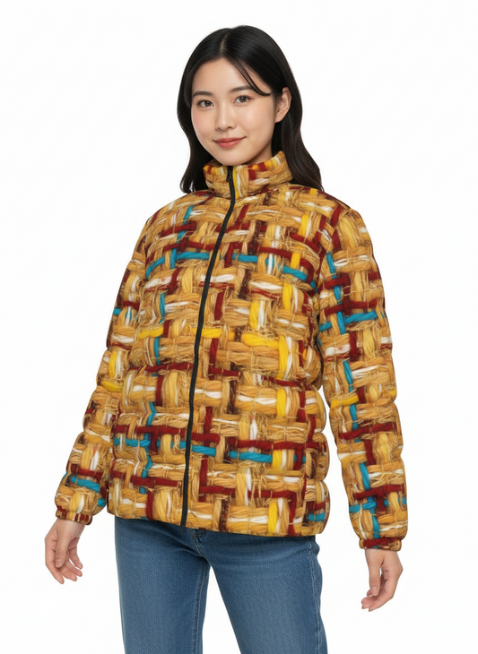 004 NISHIKIx Tweed Print Unisex Stand Collar Slim Down Jacket - Yellow Orange