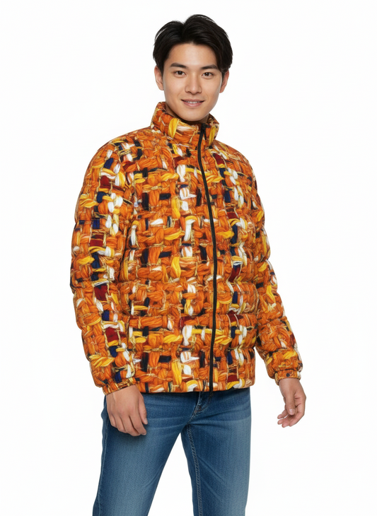 005 NISHIKIx Tweed Print Unisex Stand Collar Slim Down Jacket - Orange