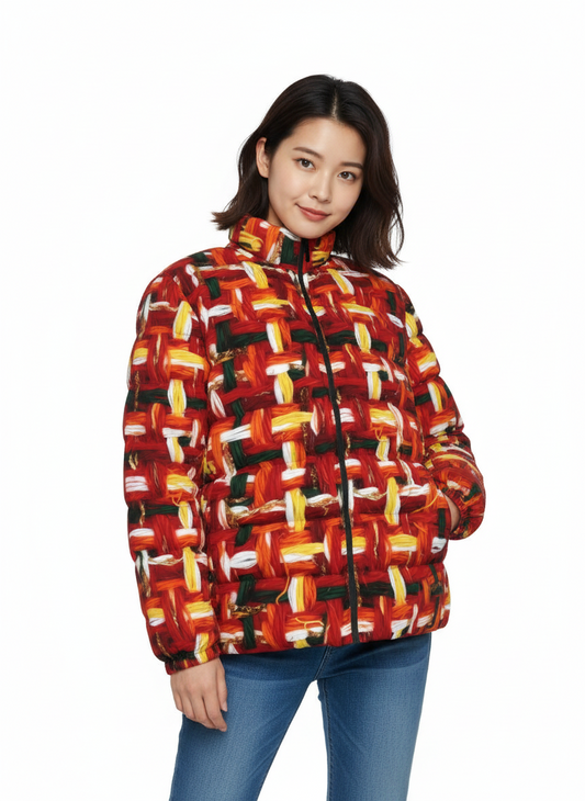 006 NISHIKIx Tweed Print Unisex Stand Collar Slim Down Jacket - Vermilion