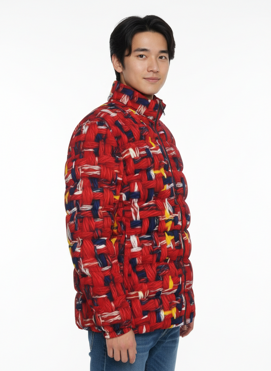 007 NISHIKIx Tweed Print Unisex Stand Collar Slim Down Jacket - Scarlet