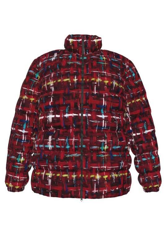 009 NISHIKIx Tweed Print Unisex Stand Collar Slim Down Jacket - Crimson
