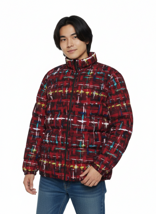 009 NISHIKIx Tweed Print Unisex Stand Collar Slim Down Jacket - Crimson