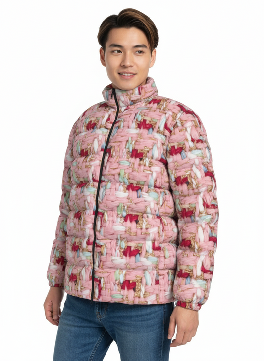 010 NISHIKIx Tweed Print Unisex Stand Collar Slim Down Jacket - Rose Pink