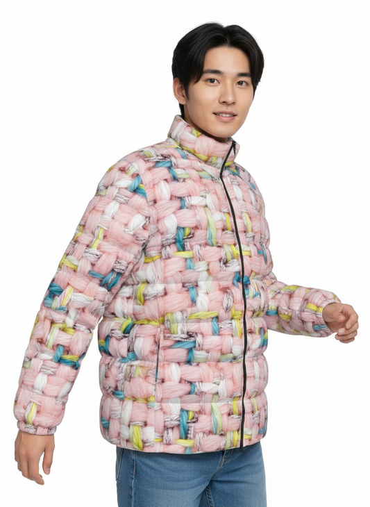 011 NISHIKIx Tweed Print Unisex Stand Collar Slim Down Jacket - Pink