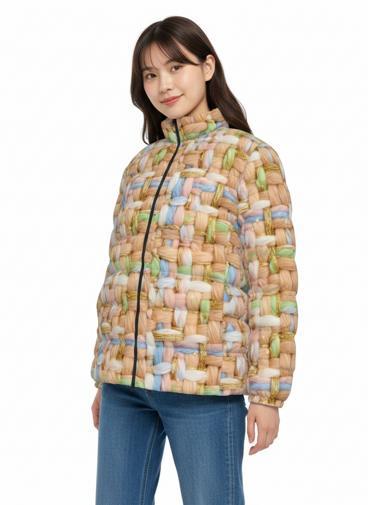 012 NISHIKIx Tweed Print Unisex Stand Collar Slim Down Jacket - Flesh