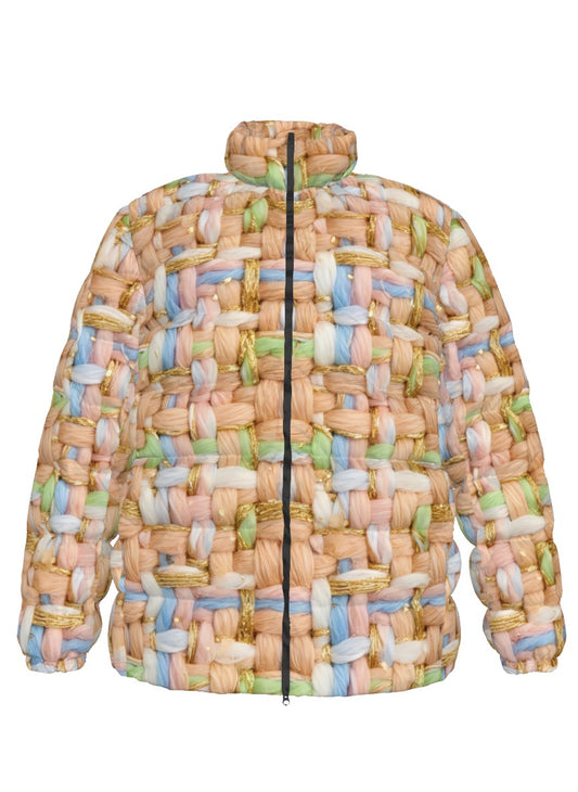 012 NISHIKIx Tweed Print Unisex Stand Collar Slim Down Jacket - Flesh