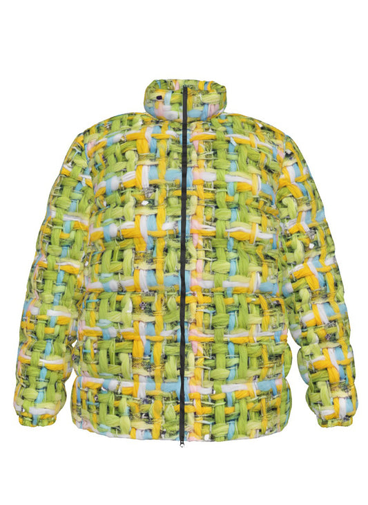 013 NISHIKIx Tweed Print Unisex Stand Collar Slim Down Jacket - Yellow Green