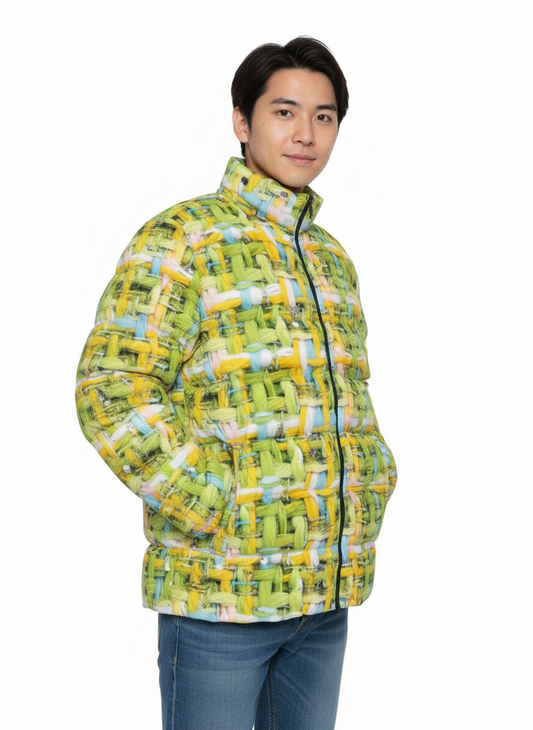 013 NISHIKIx Tweed Print Unisex Stand Collar Slim Down Jacket - Yellow Green