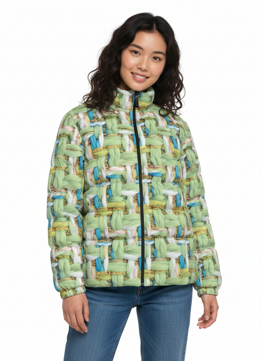 014 NISHIKIx Tweed Print Unisex Stand Collar Slim Down Jacket - Light Green