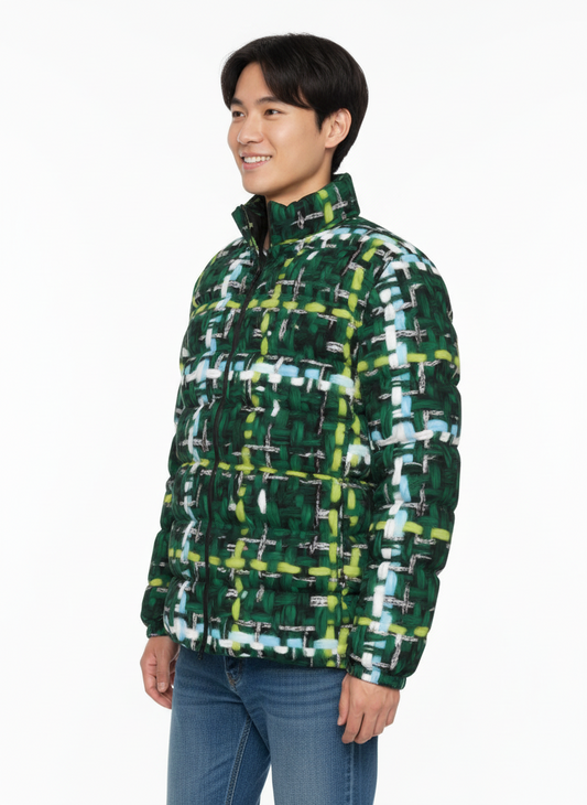 015 NISHIKIx Tweed Print Unisex Stand Collar Slim Down Jacket - Green