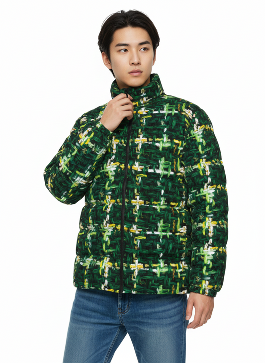 016 NISHIKIx Tweed Print Unisex Stand Collar Slim Down Jacket - Deep Green
