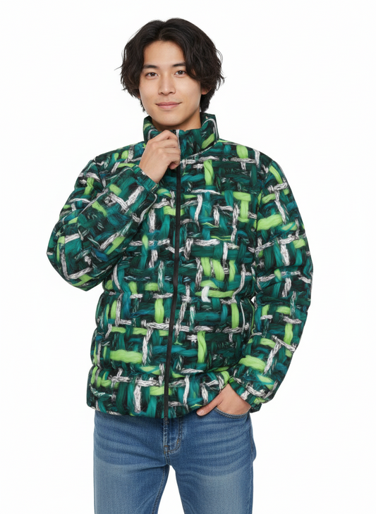 017 NISHIKIx Tweed Print Unisex Stand Collar Slim Down Jacket - Viridian