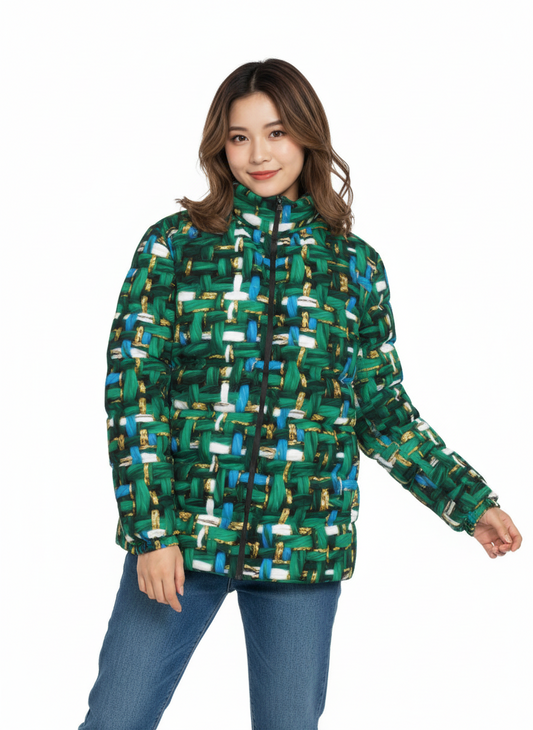 018 NISHIKIx Tweed Print Unisex Stand Collar Slim Down Jacket - Cobalt Green