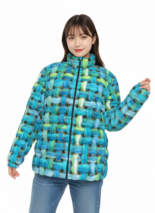 020 NISHIKIx Tweed Print Unisex Stand Collar Slim Down Jacket - Turquoise Blue