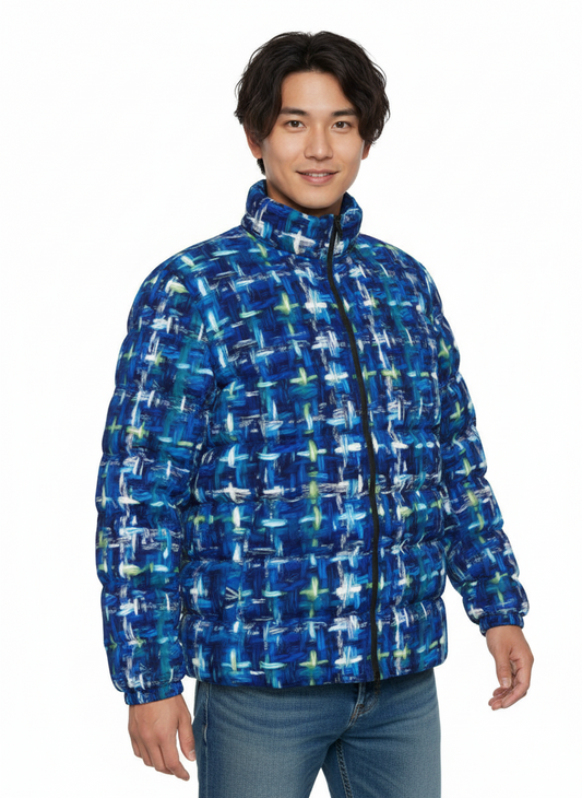 021 NISHIKIx Tweed Print Unisex Stand Collar Slim Down Jacket - Cobalt Blue