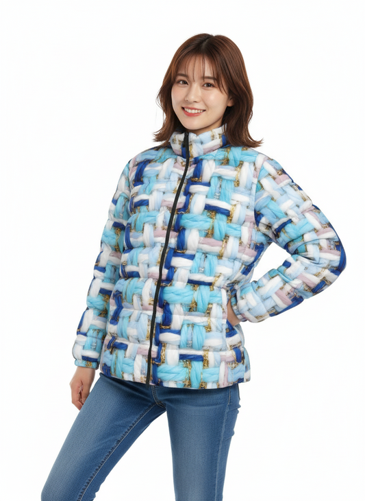 022 NISHIKIx Tweed Print Unisex Stand Collar Slim Down Jacket - Sky Blue