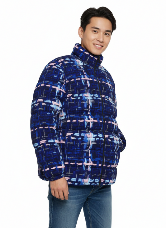 023 NISHIKIx Tweed Print Unisex Stand Collar Slim Down Jacket - Ultramarine