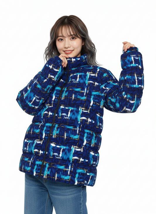 024 NISHIKIx Tweed Print Unisex Stand Collar Slim Down Jacket - Prussian Blue