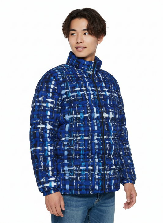 025 NISHIKIx Tweed Print Unisex Stand Collar Slim Down Jacket - Blue