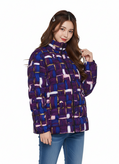 026 NISHIKIx Tweed Print Unisex Stand Collar Slim Down Jacket - Violet