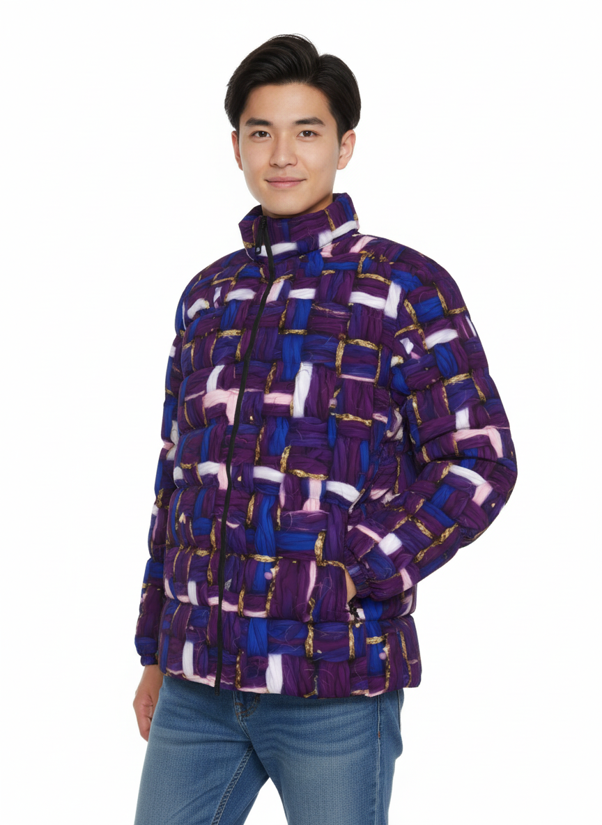 026 NISHIKIx Tweed Print Unisex Stand Collar Slim Down Jacket - Violet