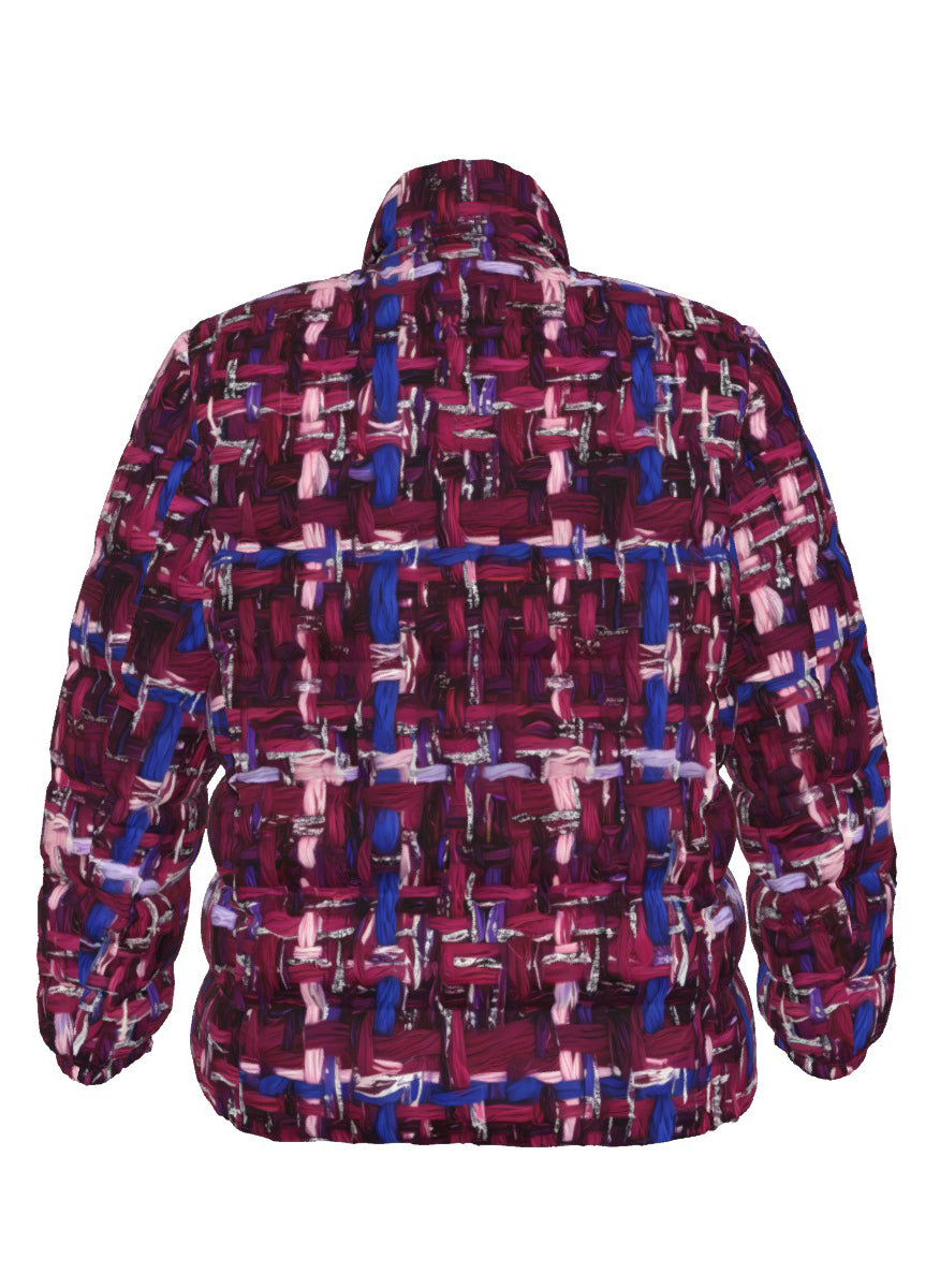027 NISHIKIx Tweed Print Unisex Stand Collar Slim Down Jacket - Red Violet