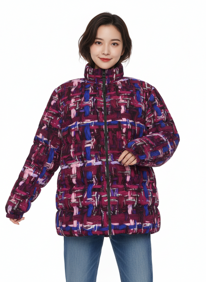 027 NISHIKIx Tweed Print Unisex Stand Collar Slim Down Jacket - Red Violet