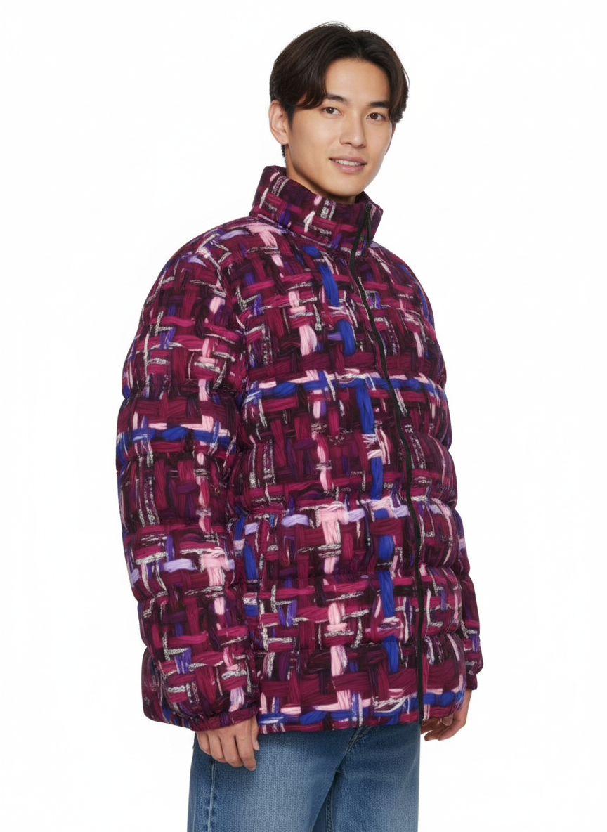 027 NISHIKIx Tweed Print Unisex Stand Collar Slim Down Jacket - Red Violet