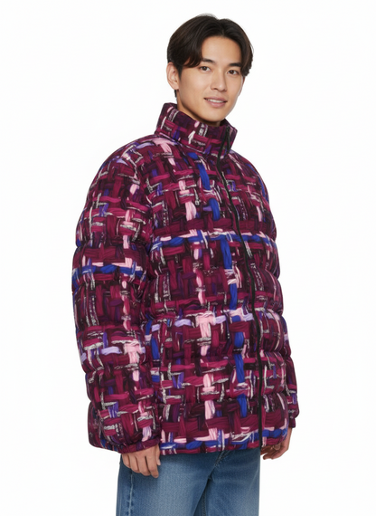 027 NISHIKIx Tweed Print Unisex Stand Collar Slim Down Jacket - Red Violet