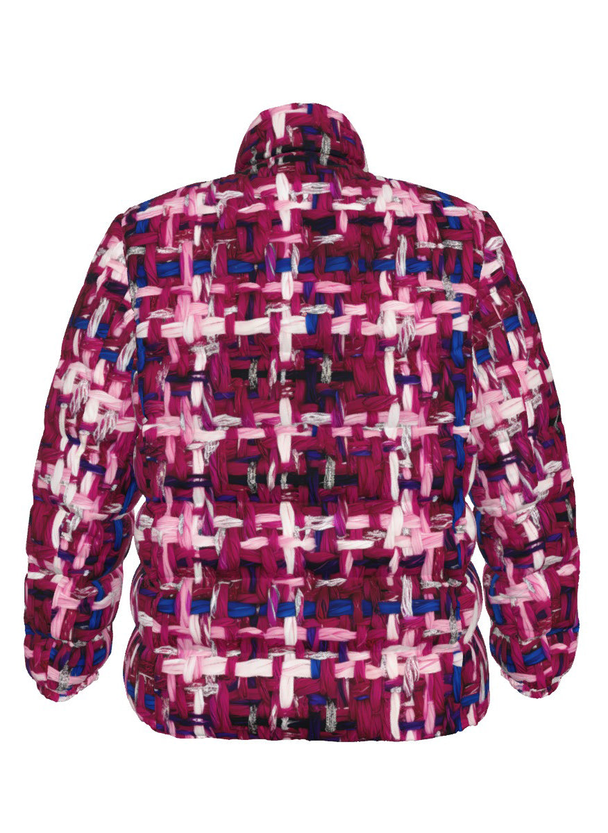 028 NISHIKIx Tweed Print Unisex Stand Collar Slim Down Jacket - Magenta