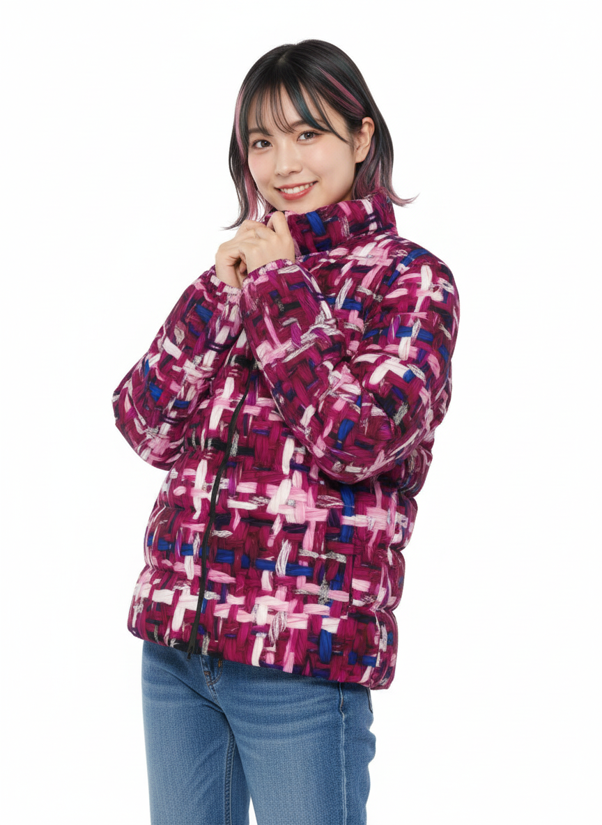 028 NISHIKIx Tweed Print Unisex Stand Collar Slim Down Jacket - Magenta