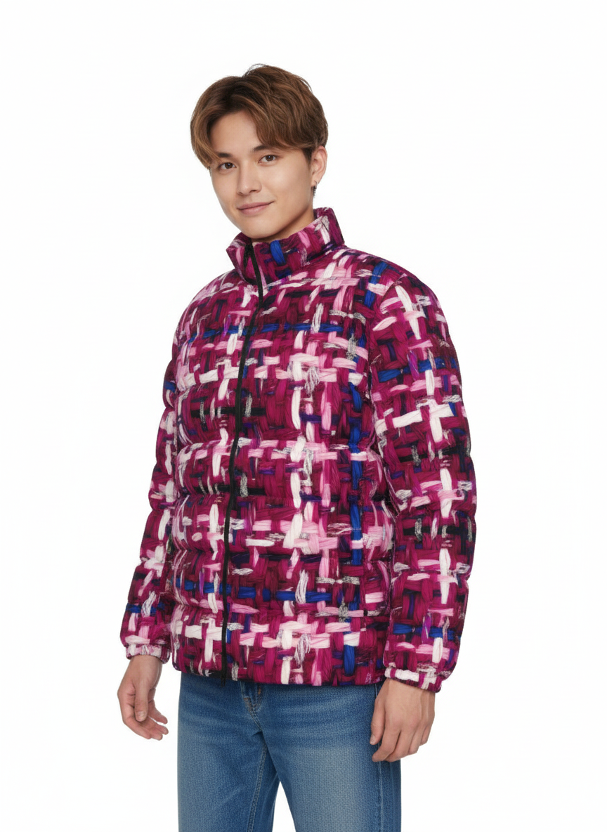 028 NISHIKIx Tweed Print Unisex Stand Collar Slim Down Jacket - Magenta