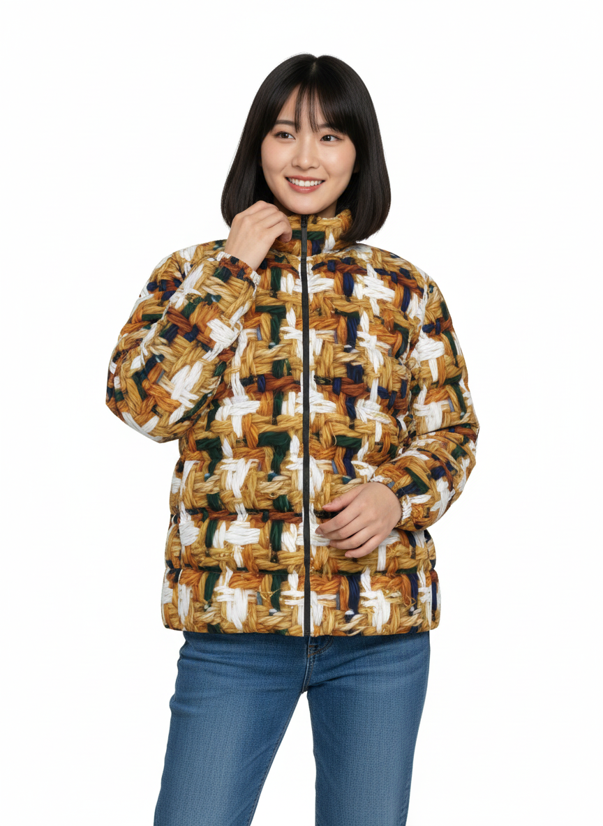 029 NISHIKIx Tweed Print Unisex Stand Collar Slim Down Jacket - Yellow Ochre